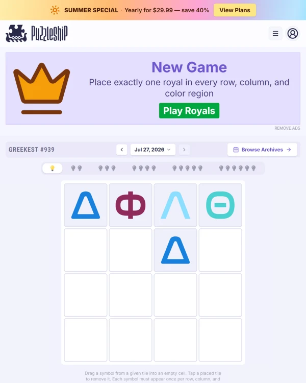 Screenshot of Puzzleship Greekest, a daily logic game