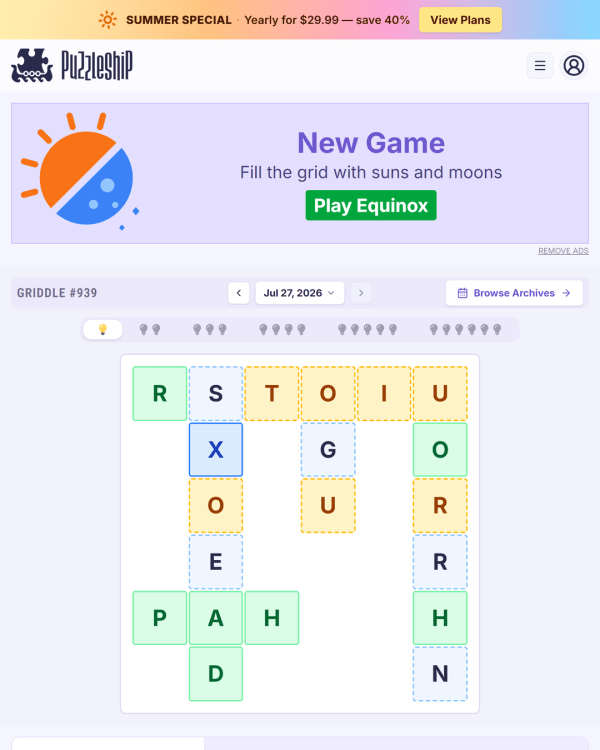 Screenshot of Puzzleship Griddle, a daily word game