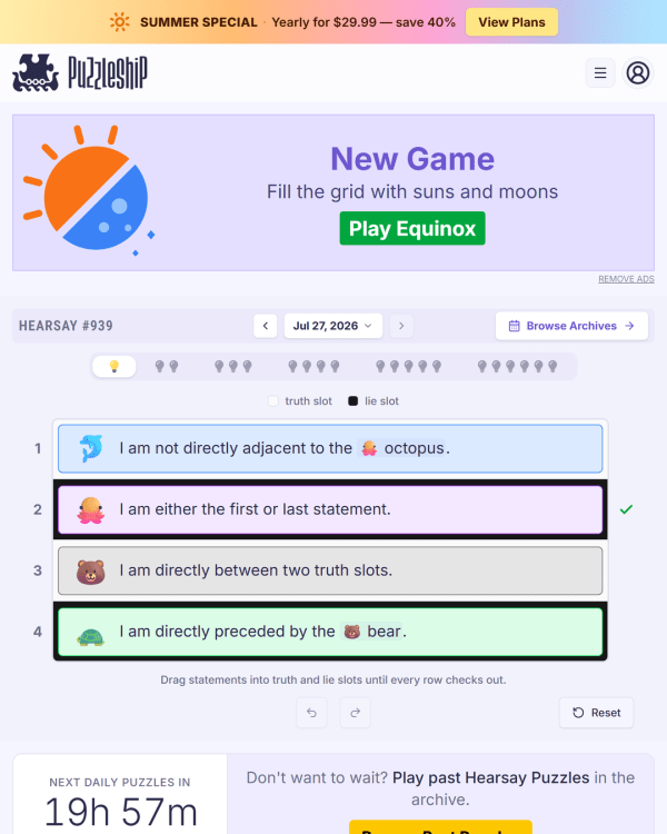 Screenshot of Puzzleship Hearsay, a daily logic game