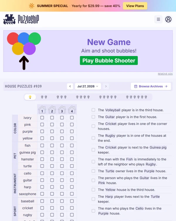 Screenshot of Puzzleship House Puzzles, a daily logic game