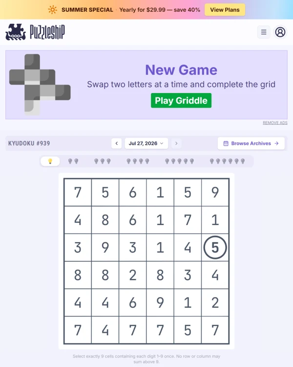 Screenshot of Puzzleship Kyudoku, a daily logic game