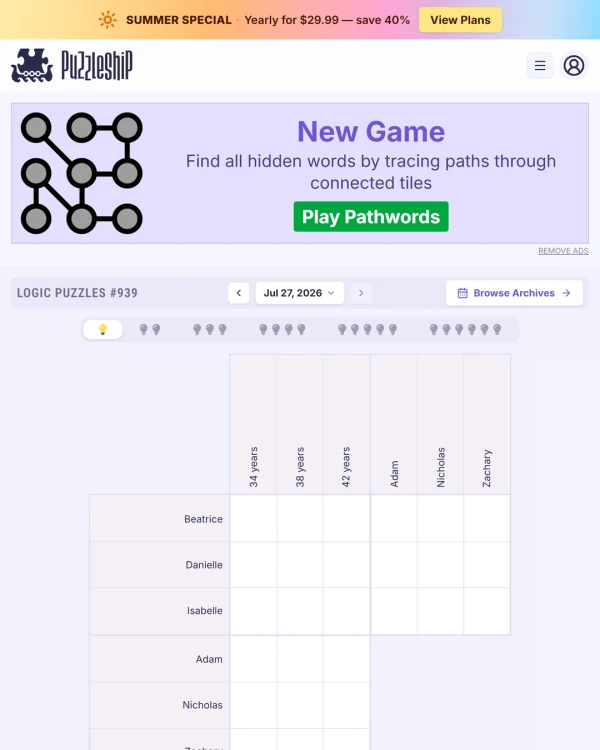 Screenshot of Puzzleship Logic Puzzles, a daily logic game