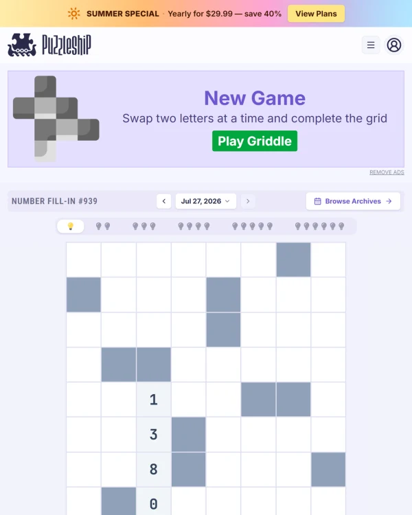 Screenshot of Puzzleship Number Fill-In, a daily logic game