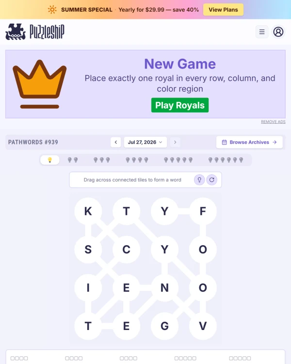 Screenshot of Puzzleship Pathwords, a daily word game