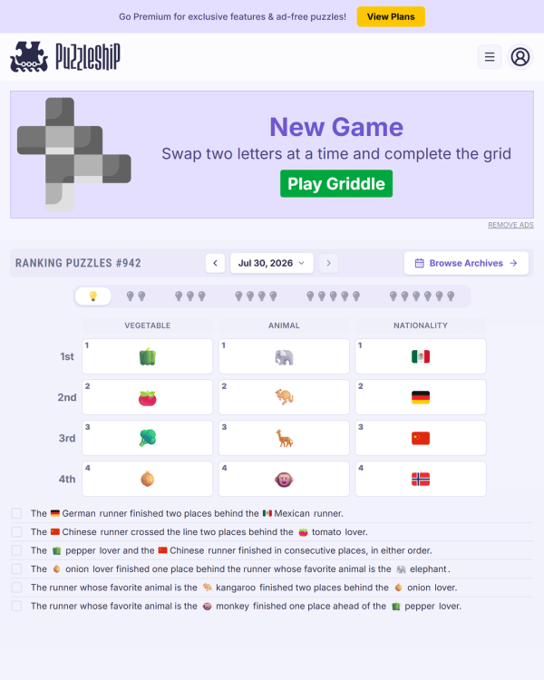 Screenshot of Puzzleship Ranking Puzzles, a daily logic game