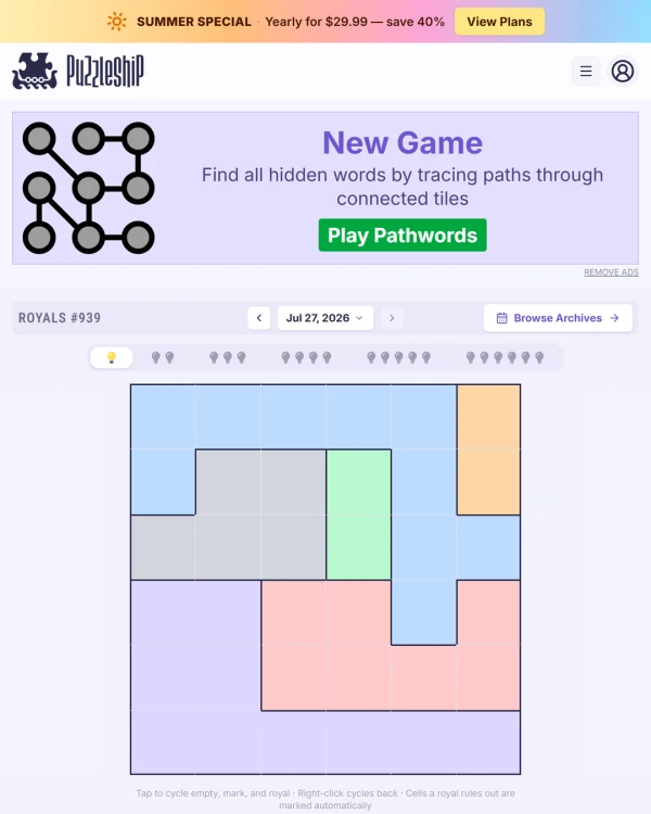 Screenshot of Puzzleship Royals, a daily logic game