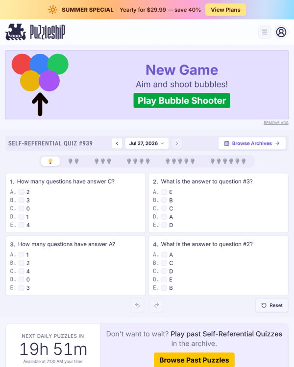 Screenshot of Puzzleship Self-Referential Quiz, a daily logic game