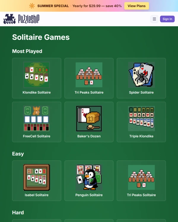 Screenshot of Puzzleship Solitaire Games, a web game