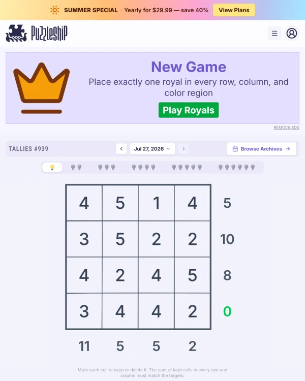 Screenshot of Puzzleship Tallies, a daily logic game