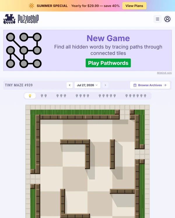 Screenshot of Puzzleship Tiny Maze, a daily logic game