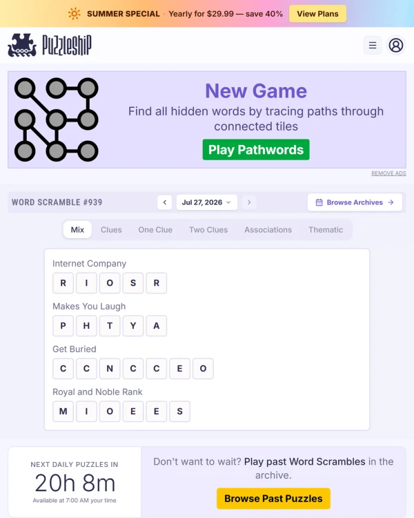 Screenshot of Puzzleship Word Scramble, a daily word game