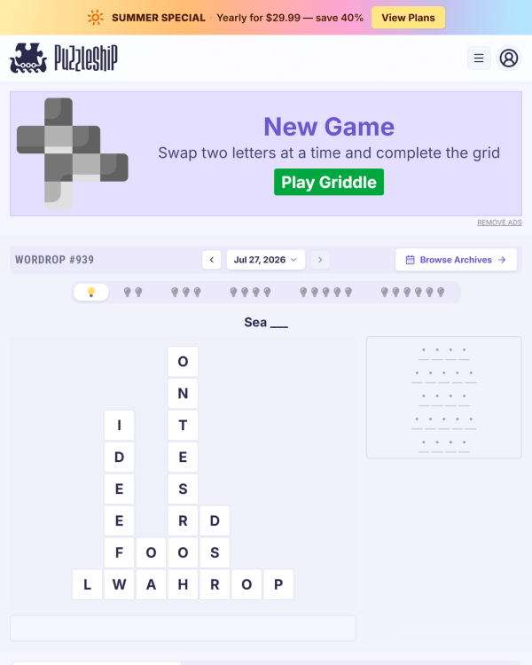 Screenshot of Puzzleship Wordrop, a daily word game
