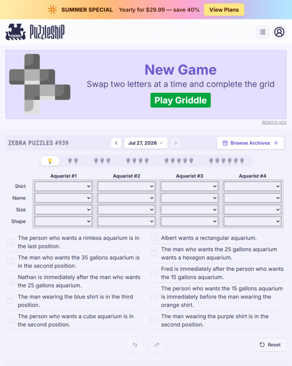 Screenshot of Puzzleship Zebra Puzzles, a daily logic game