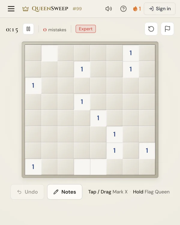 Screenshot of QueenSweep, a daily logic game