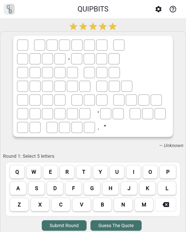 Screenshot of Quipbits, a daily word game