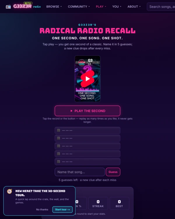 Screenshot of Radical Radio Recall, a daily music game