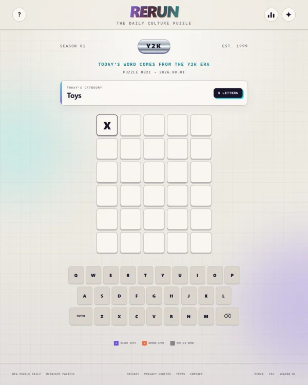 Screenshot of RERUN, a daily word game
