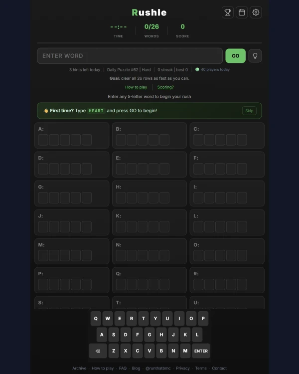 Screenshot of Rushle, a daily word game