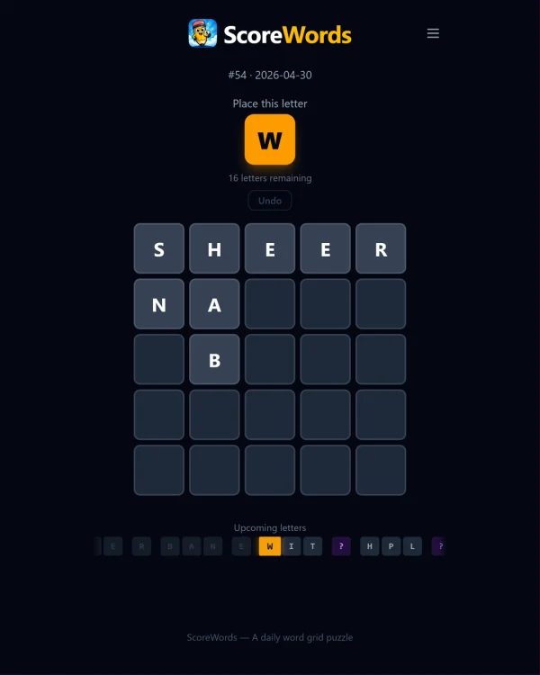 Screenshot of ScoreWords, a daily word game