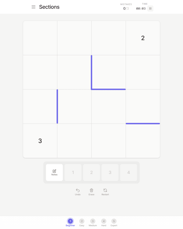 Screenshot of Sections Puzzle, a daily logic game