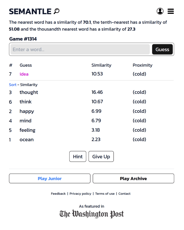 Screenshot of Semantle, a daily word game