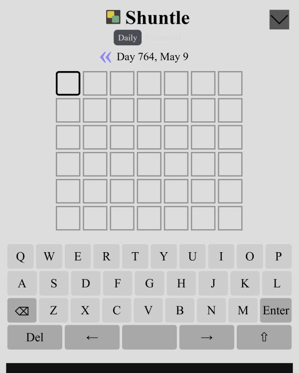 Screenshot of Shuntle, a daily word game