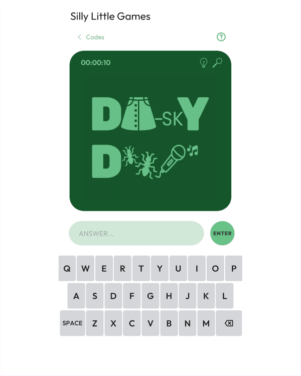 Screenshot of Silly Little Codes, a daily word game