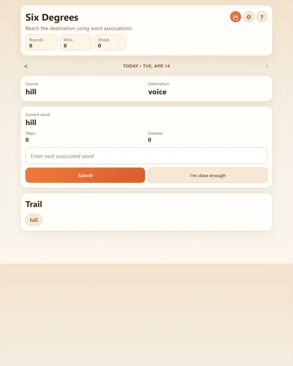 Screenshot of Six Degrees, a daily word ladder