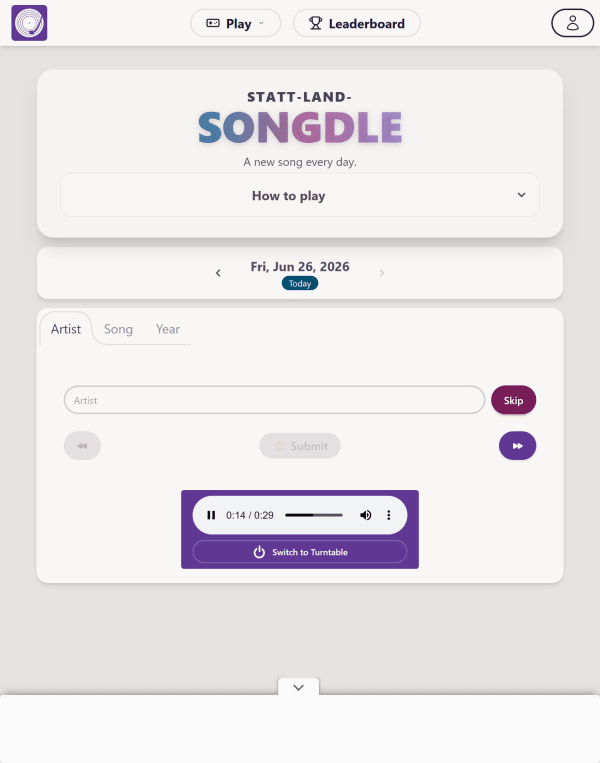 Screenshot of Songdle, a daily music game