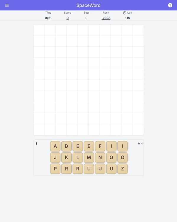 Screenshot of SpaceWord, a daily word game