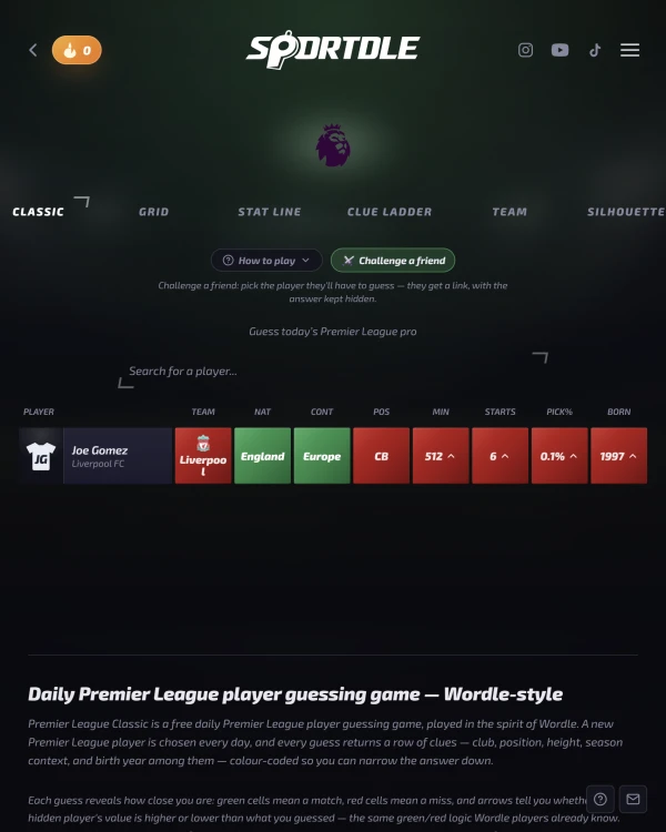 Screenshot of Sportdle, a daily sports game