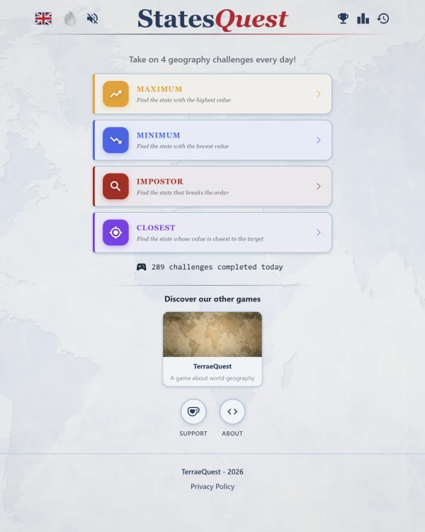 Screenshot of StatesQuest, a daily geography game