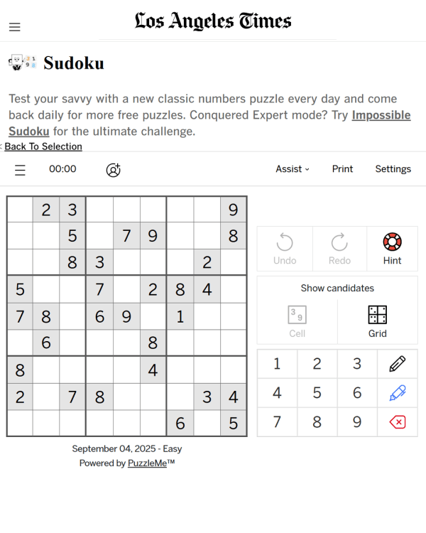 Screenshot of Sudoku (L.A. Times), a daily visual game