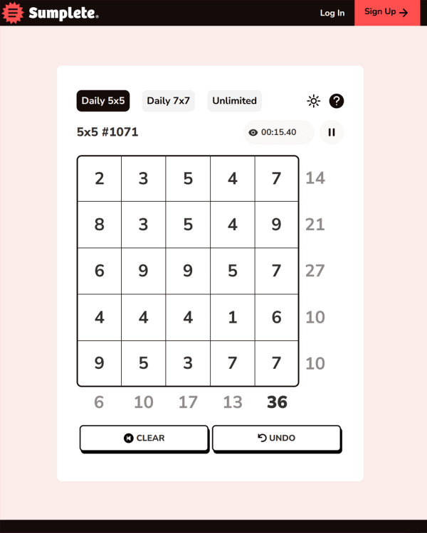 Screenshot of Sumplete, a daily math game
