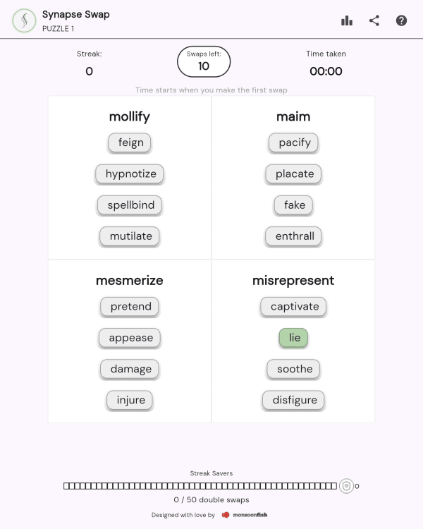 Screenshot of Synapse Swap, a word game