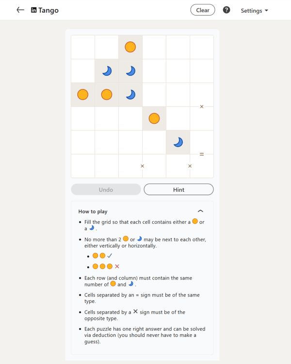 Screenshot of Tango (LinkedIn), a daily logic game