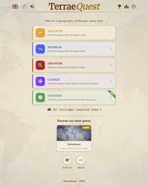 Screenshot of TerraeQuest, a daily geography game