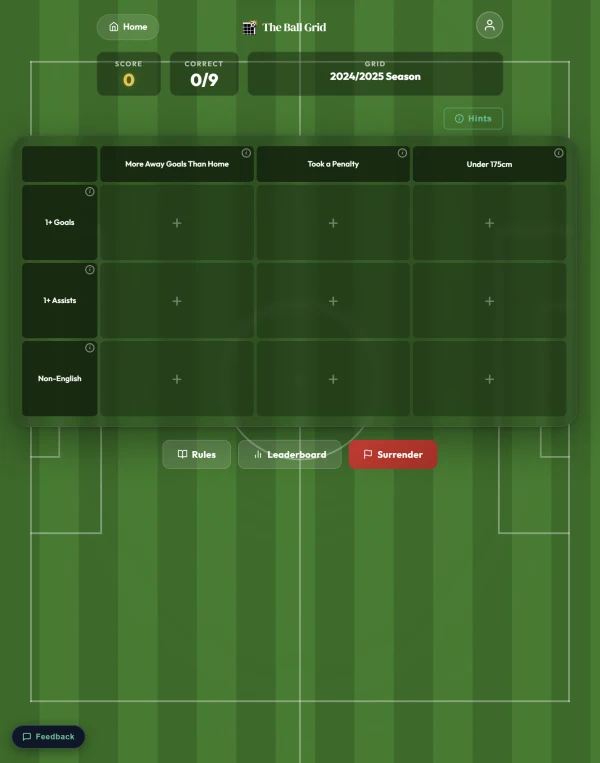 Screenshot of The Ball Grid, a daily sports game