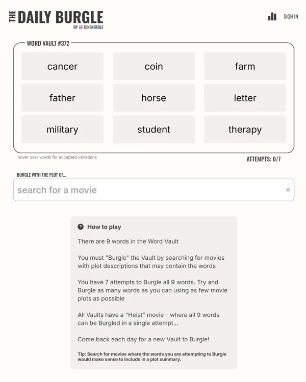 Screenshot of The Daily Burgle, a daily pop culture game