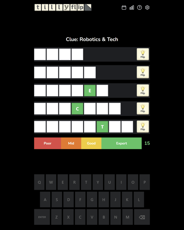 Screenshot of TillyFlip, a daily word game