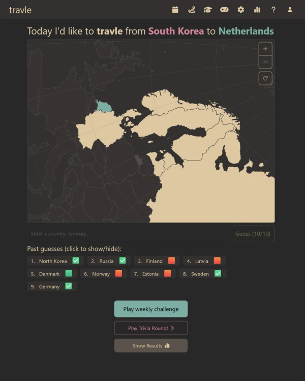 Screenshot of travle, a daily geography game
