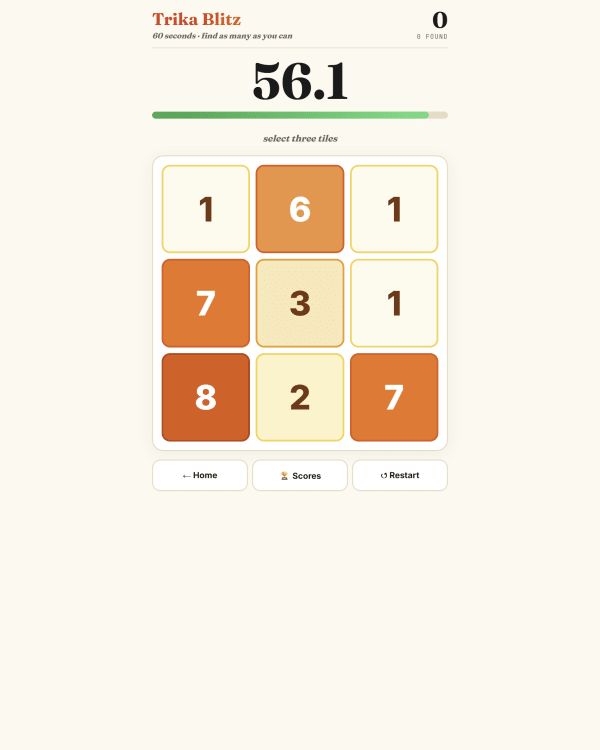 Screenshot of Trika Blitz, a math game