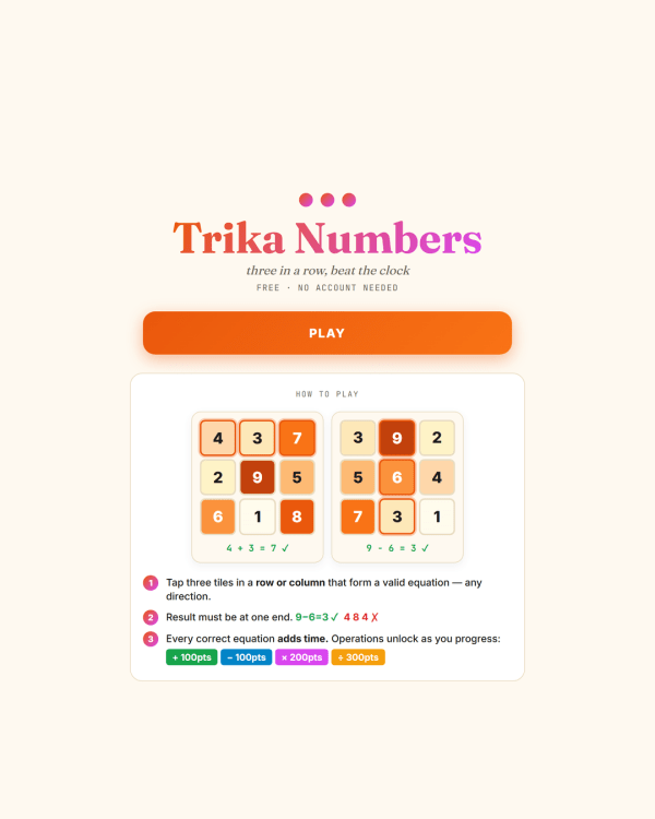 Screenshot of Trika Numbers, a math game