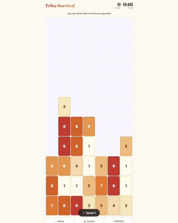 Screenshot of Trika Survival, a math game