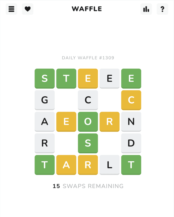 Screenshot of Waffle, a daily word game