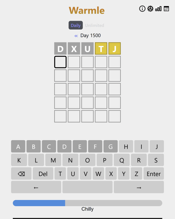 Screenshot of Warmle, a daily word game