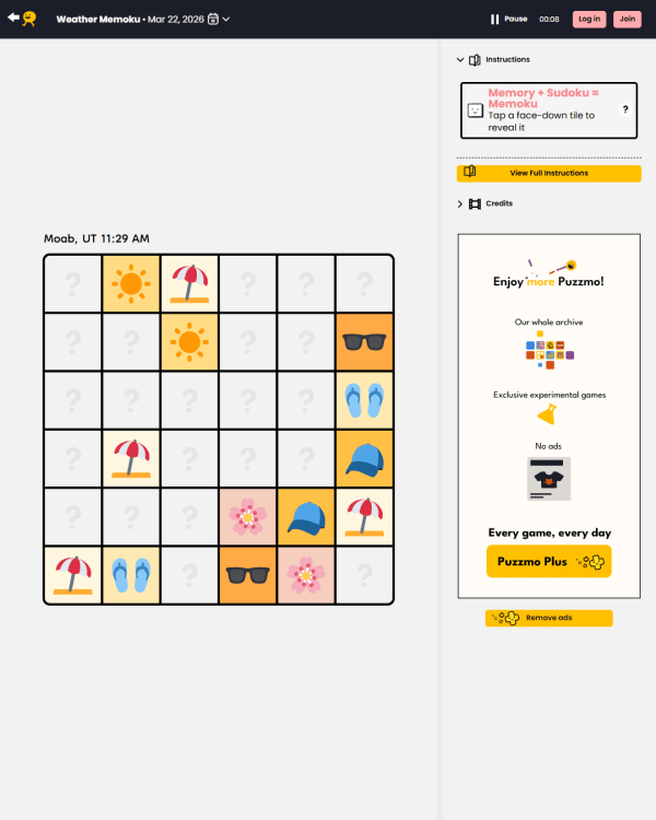 Screenshot of Weather Memoku, a daily logic game
