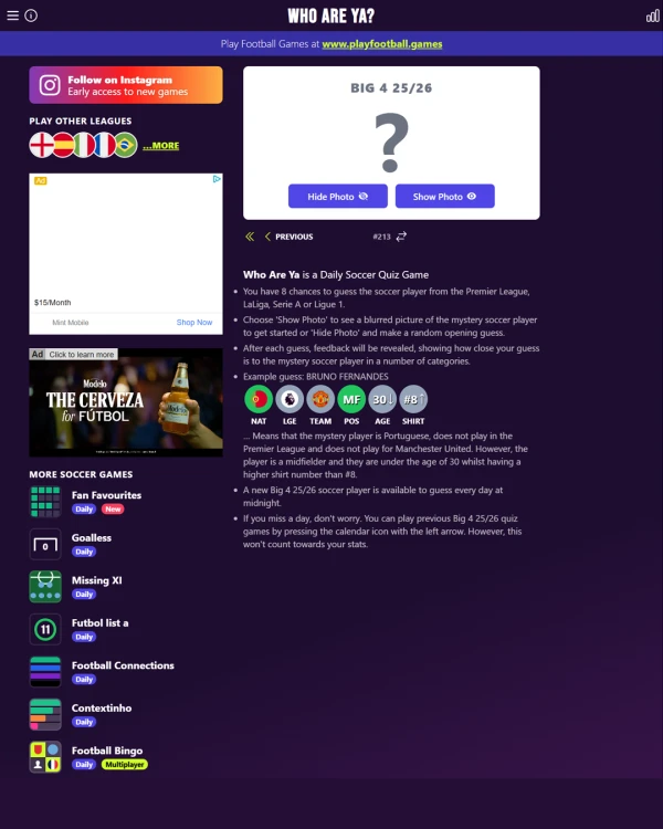Screenshot of Who Are Ya?, a daily sports game