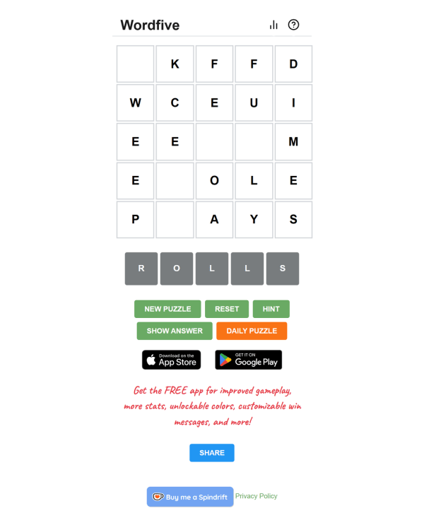 Screenshot of Wordfive, a daily word game