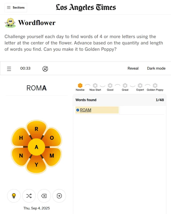 Screenshot of Wordflower, a daily word game